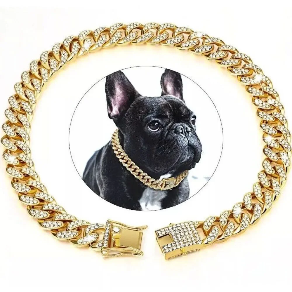 Pet Dog Cat Metal Gold Chain Diamond Cuban Link Collar Luxury Necklace Bling 12